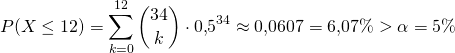 \[ P(X\leq12) = \sum\limits_{k=0}^{12} {34 \choose k} \cdot 0{,}5^{34} \approx 0{,}0607 = 6{,}07\% > \alpha = 5\% \]